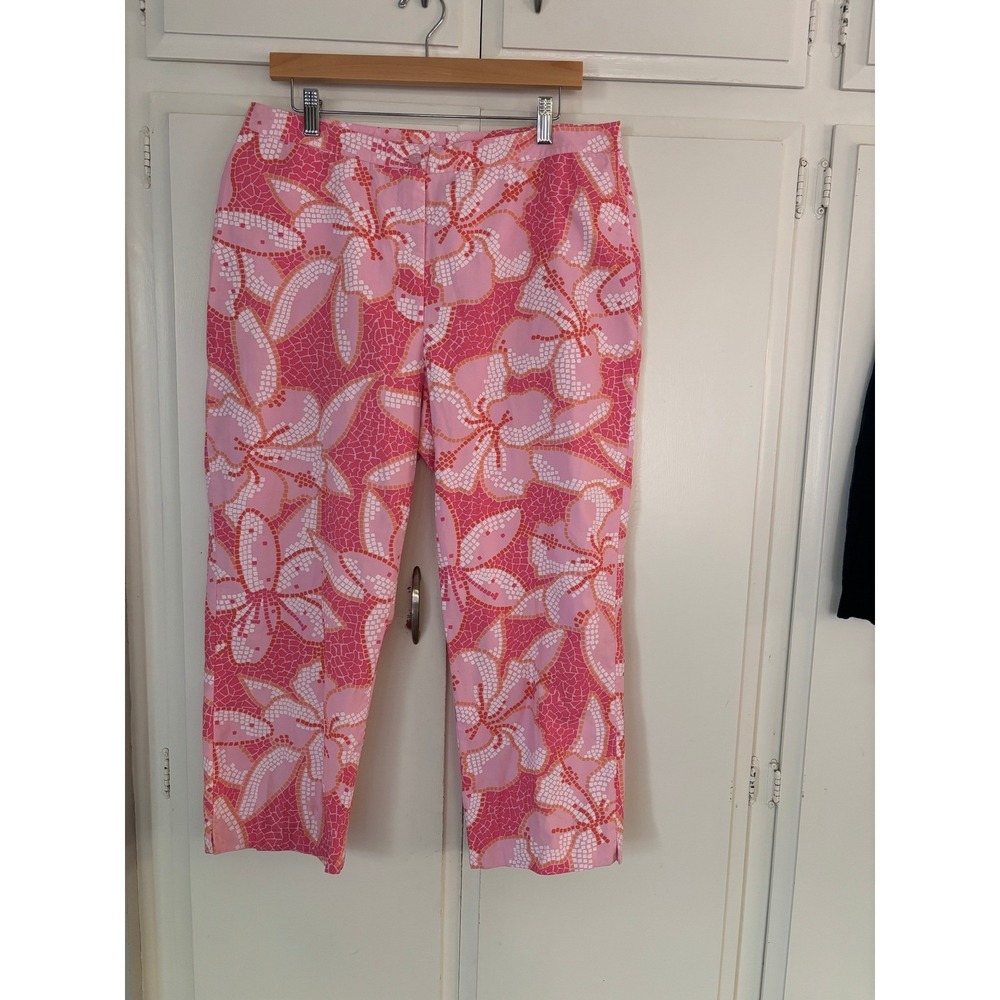 Lilly Pulitzer Pink Orange Mosaic Floral Crop Pants Size 14 Cotton Straight Leg